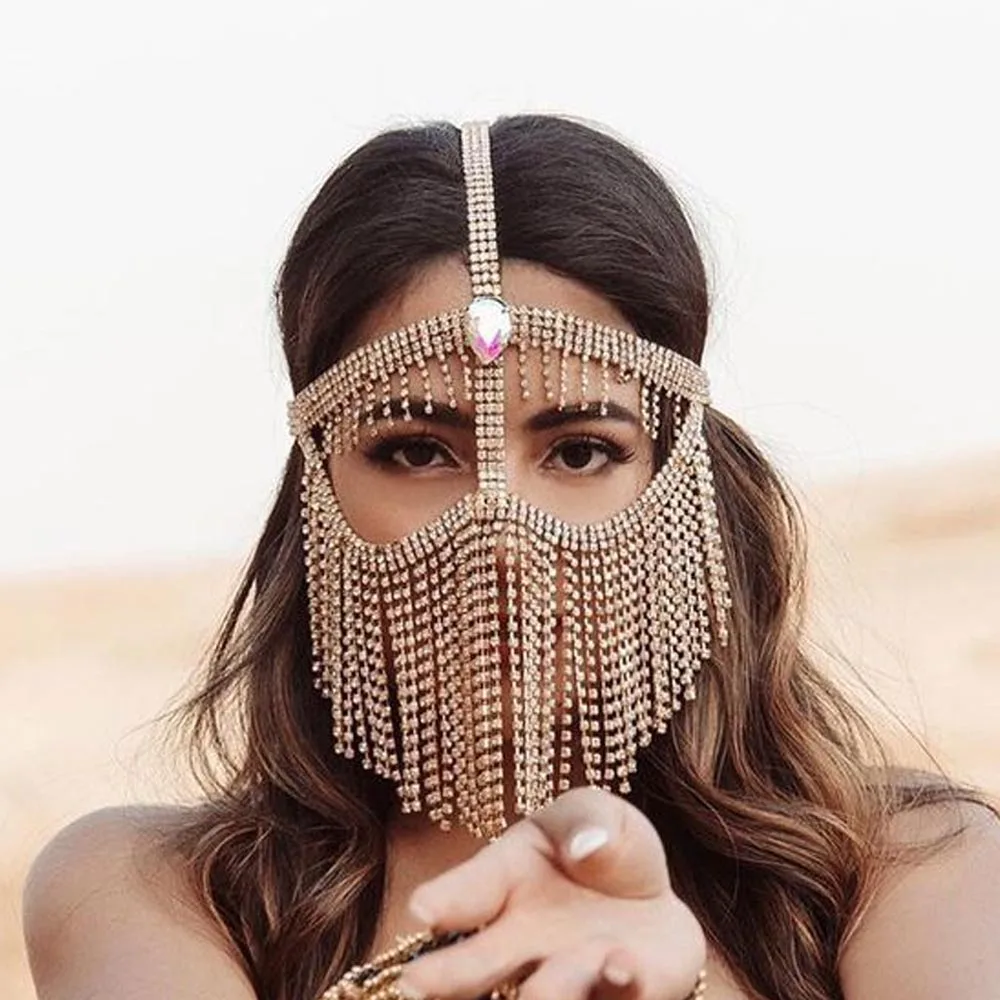 Boho Crystal Facial Tassel Mask Face Jewelry Indian for Women Handmade Beads Rhinestone Mask Sexy Make Up Party Face Accessories