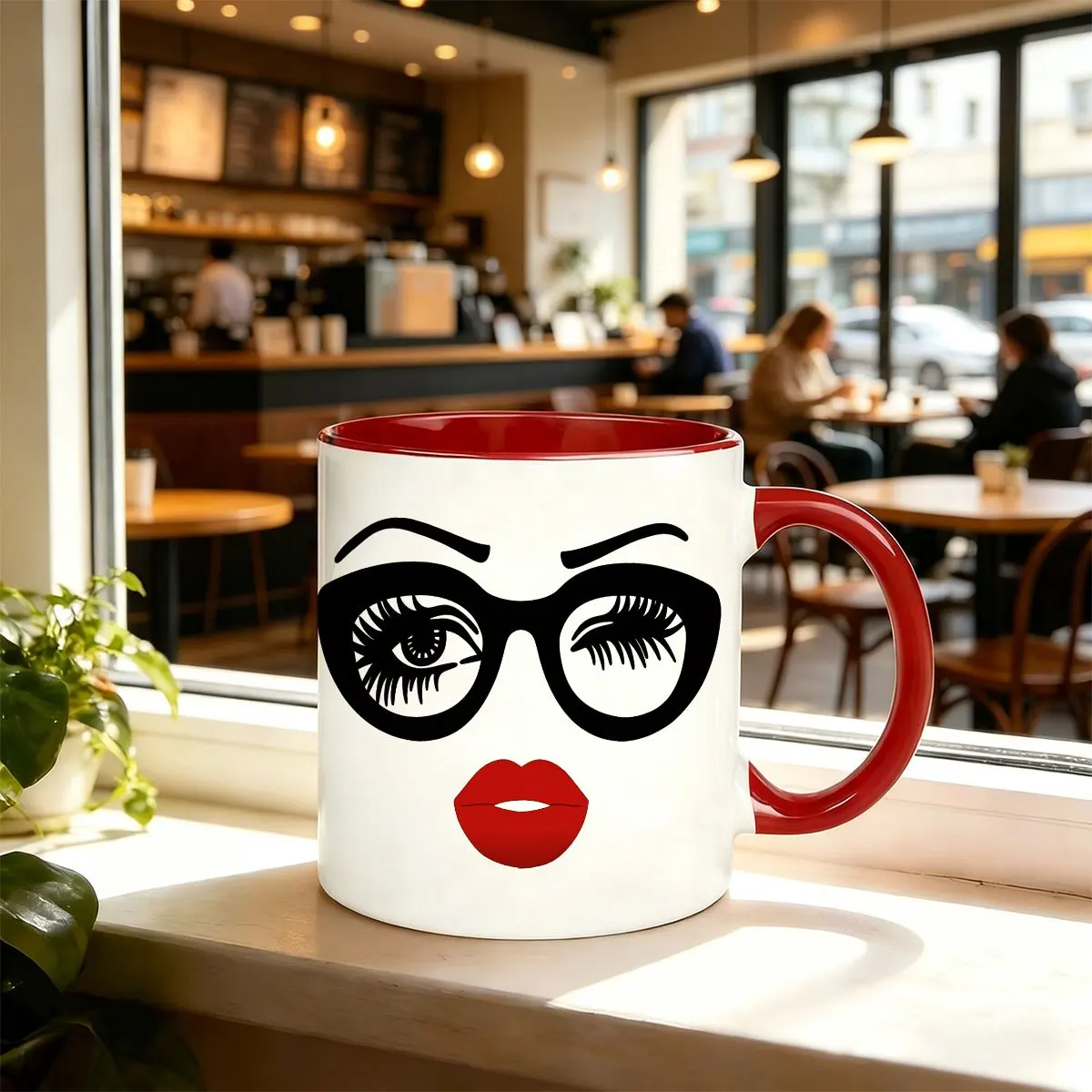 11 oz Eye-Catching Ceramic Coffee Mug with Red Lips and Cat-Eye Glasses - Stylish Black and White, Suitable for Coffee, Tea, Hot Chocolate - Birthday, Housewarming Party Gift - Hand Wash Only