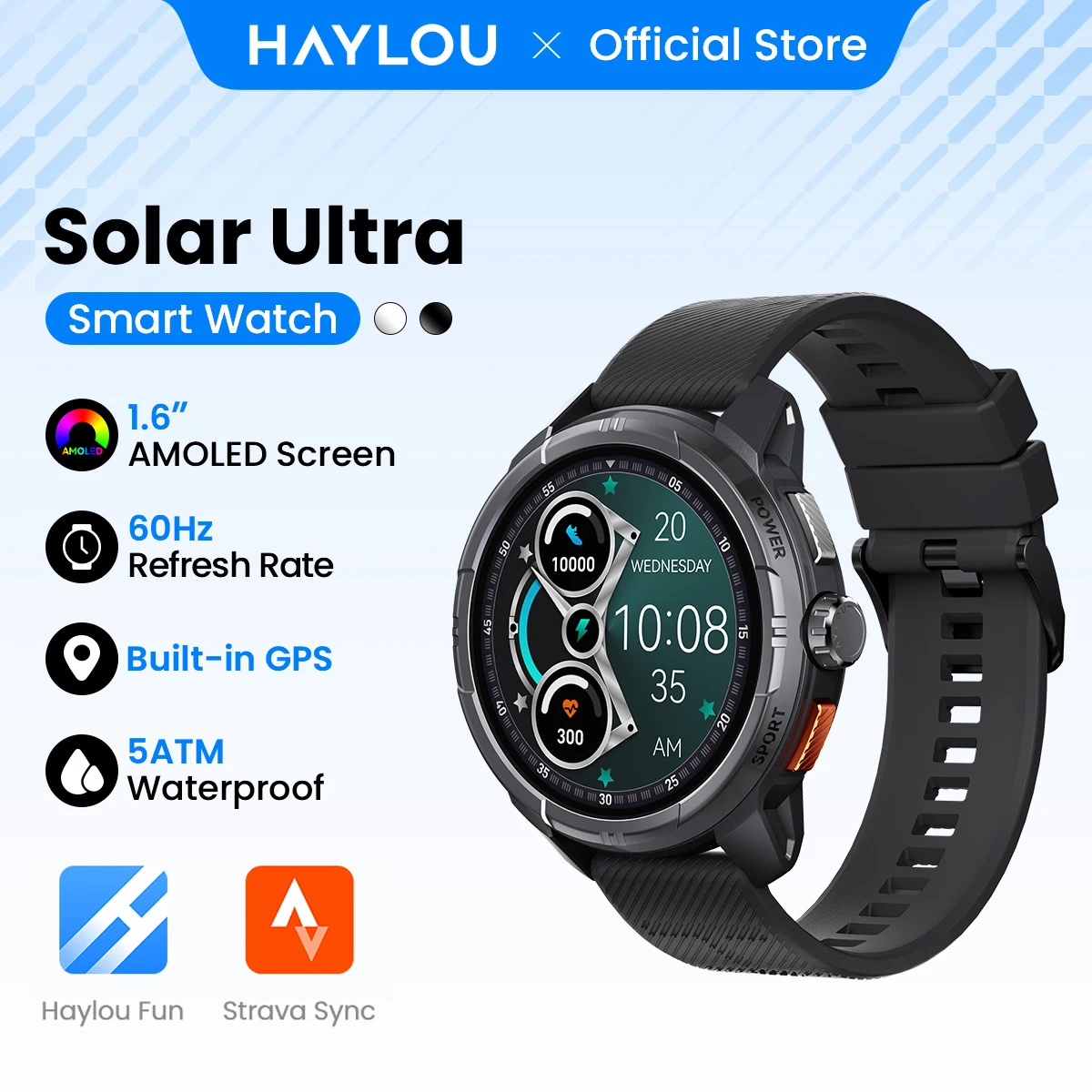 HAYLOU Solar Ultra GPS Smartwatch 1.6” AMOLED Display 5ATM Waterproof Built-in GPS Bluetooth Phone Calls Sports Smart Watch