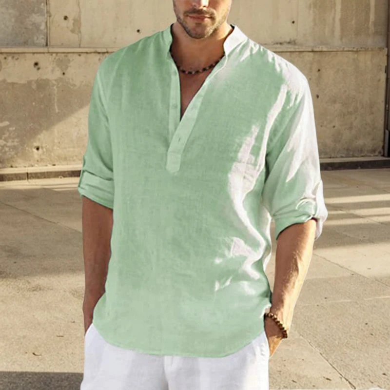2024 Casual Blouse Loose Cotton Linen Men Shirt Fashion Stand Collar Pure Long Sleeve Tee Shirt Handsome Fitting Top Clothes