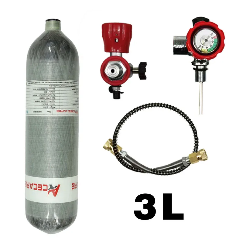 ACECARE CE Certified 3L Compressed Air Tank 4500Psi 300Bar Scuba Diving with Red Gauge Valve and Filing Station