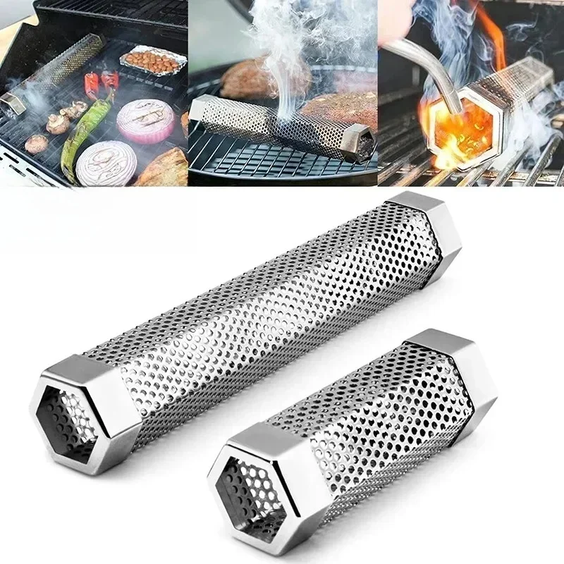 Tube de gril pour fumeur en acier inoxydable pour barbecue, 6/12 pouces, filtre à mailles perforées, Gadget, générateur de granulés, boîte hexagonale pour fumées d'épices