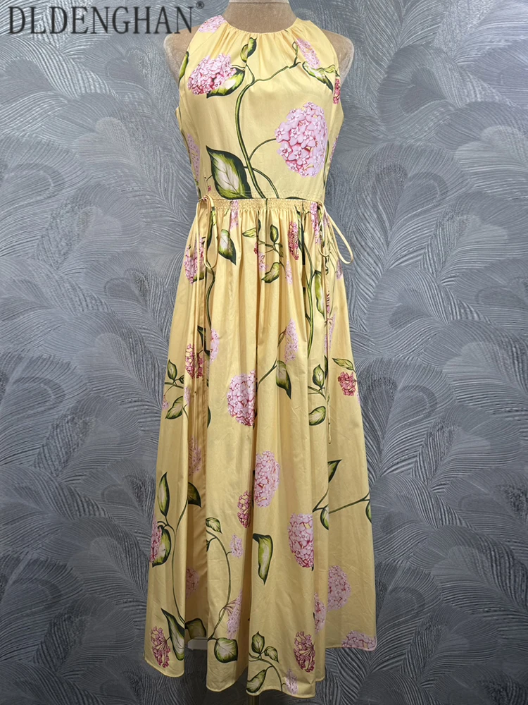 DLDENGHAN Women' High Street O-Neck Sleeveless Decorate Print Draw String Summer Temperament Elegant Dresses