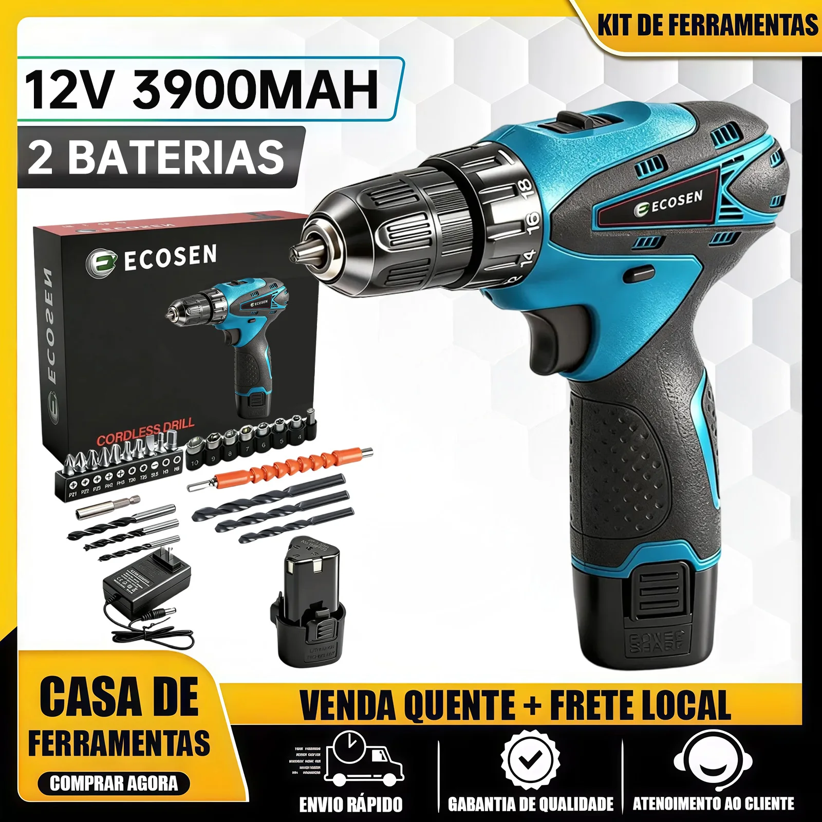 Furadeira Parafusadeira 12V 3900mAh 2 Baterias 12N.m Kit Completo Extensor 15cm Carregador Bivolt 110-220V