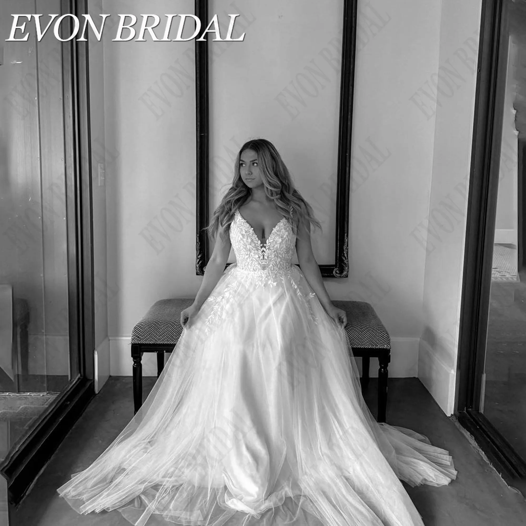 EVON gelin Backless artı boyutu gelinlik spagetti sapanlar A-Line v yaka tül gelinlikler aplike Boho Vestido De Vestido