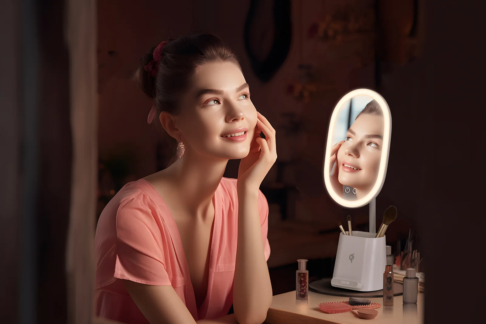 Vanity Mirror with 10W Wireless Charge Lighted Makeup Mirror with Magnifying LED Brightness Dimmable Lighting Cosmetic Mirror