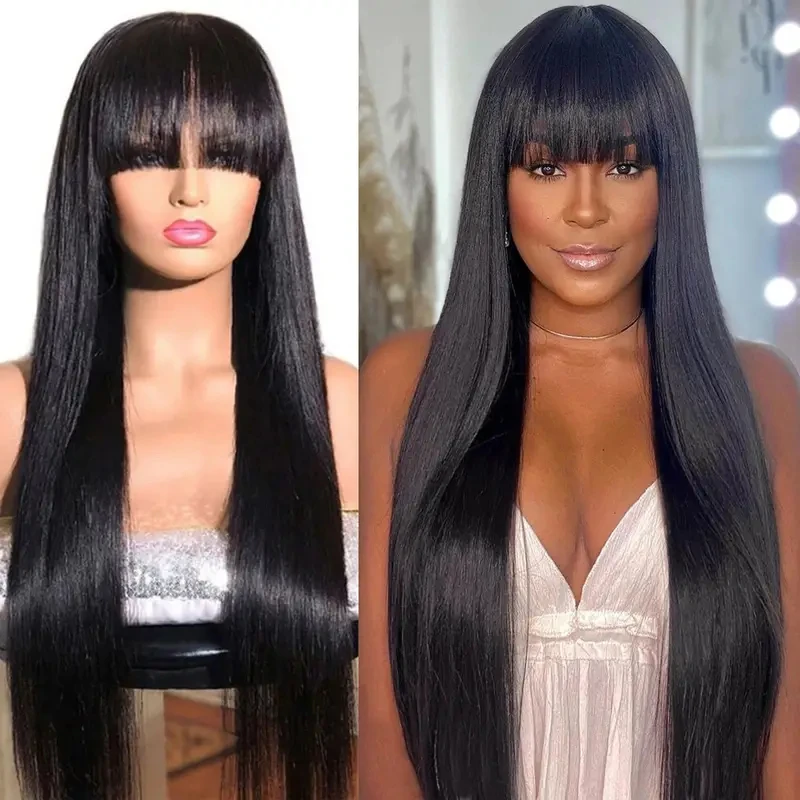 Alimice Long Straight Machine Made Human Hair Wigs with Bangs Glueless Straight Virgin Human Hair  None Lace Front Natural Color