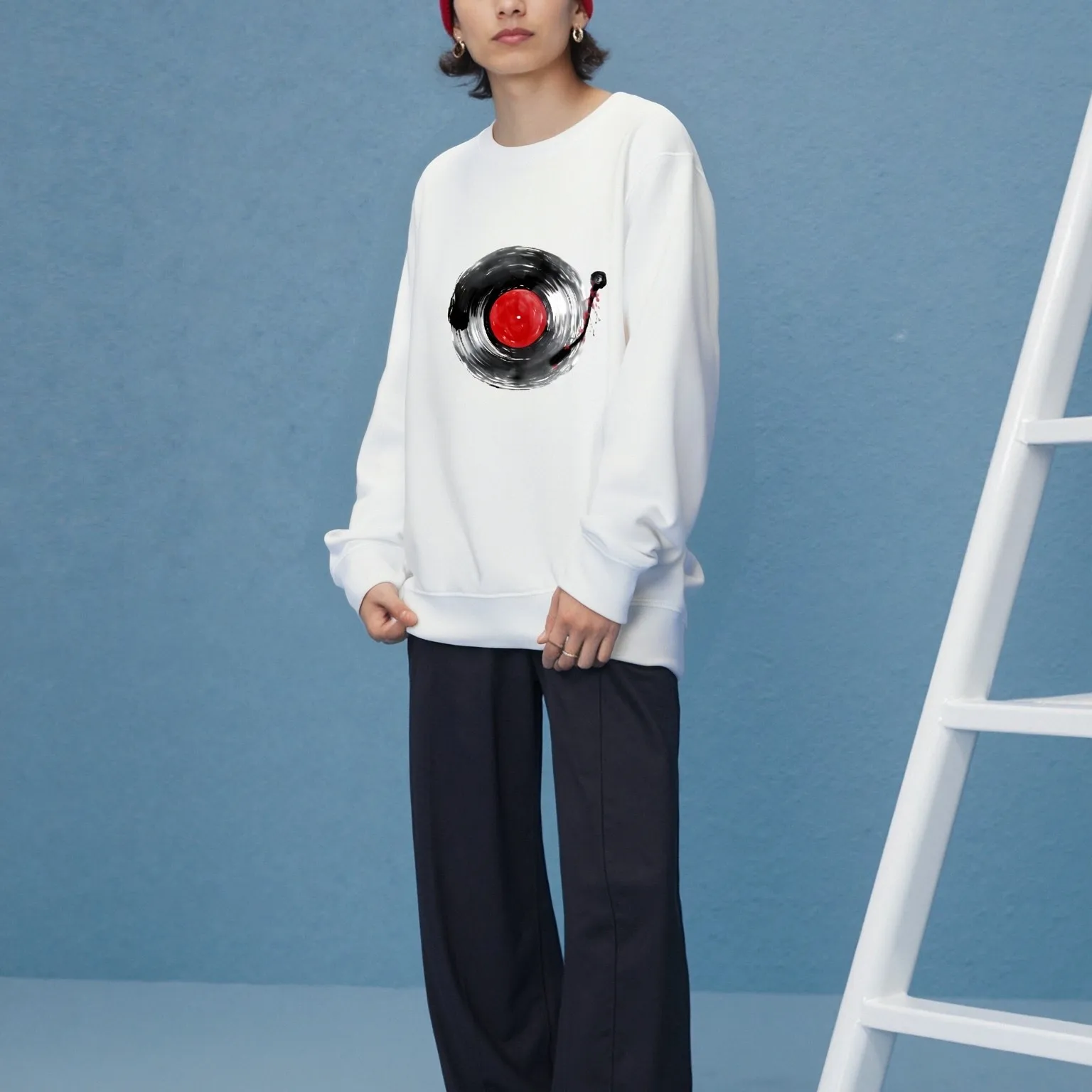 

Толстовка с виниловой пластиной, белая толстовка, ретро-музыкальный принт с принтом, повседневный свободный удобный топ с длинными рукавами Melodic Vibe