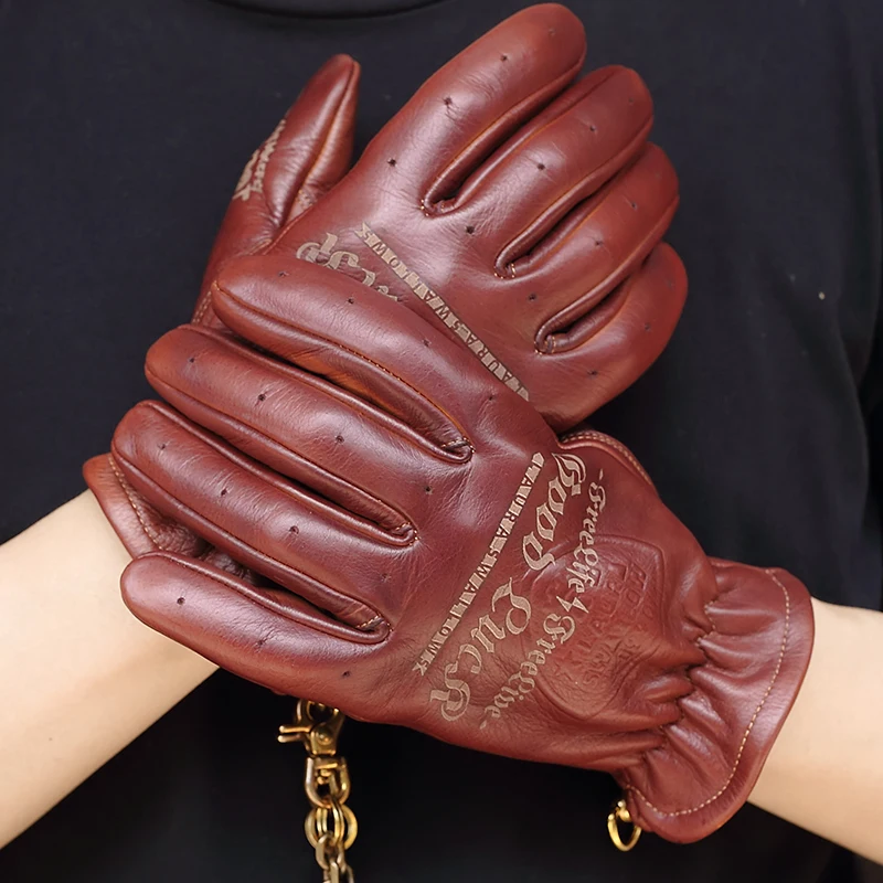 Retro Motorcycle Gloves with Chain for Men, Cowhide Leather, Full Fingers, Brown, Wine Red, First Layer, S3516