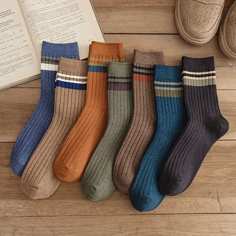 7 PCS Men\'s Striped Casual Breathable Socks High Quality Harajuku Retro Socks Anti-odor Sweat-absorbing Men\'s Cotton Socks