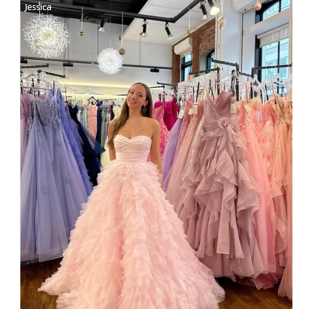 

Сладкие розовые вечерние платья Jessica Многослойные тюлевые платья ручной работы для выпускного вечера А-силуэта Вечерние платья с открытыми плечами