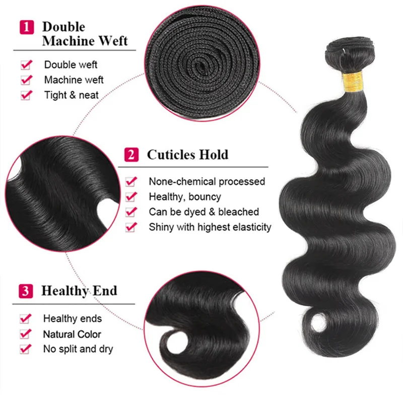 ブラジルのバージンナチュラルヘアバンドルボディウェーブ,ナチュラルブラックカラー,3バッチ織り