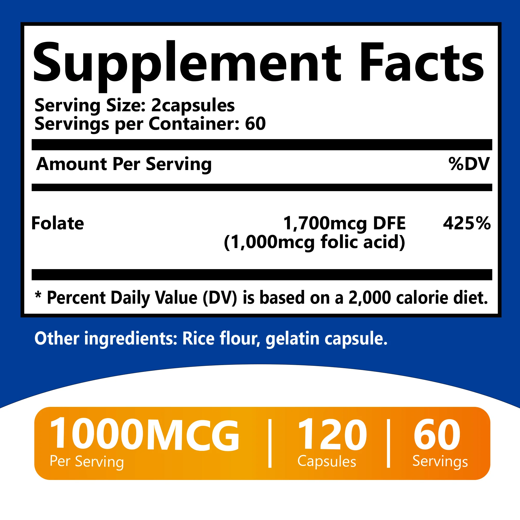 Folic Acid - Brain and Digestive Function, Liver Support, Healthy Nervous System - 120 Capsules