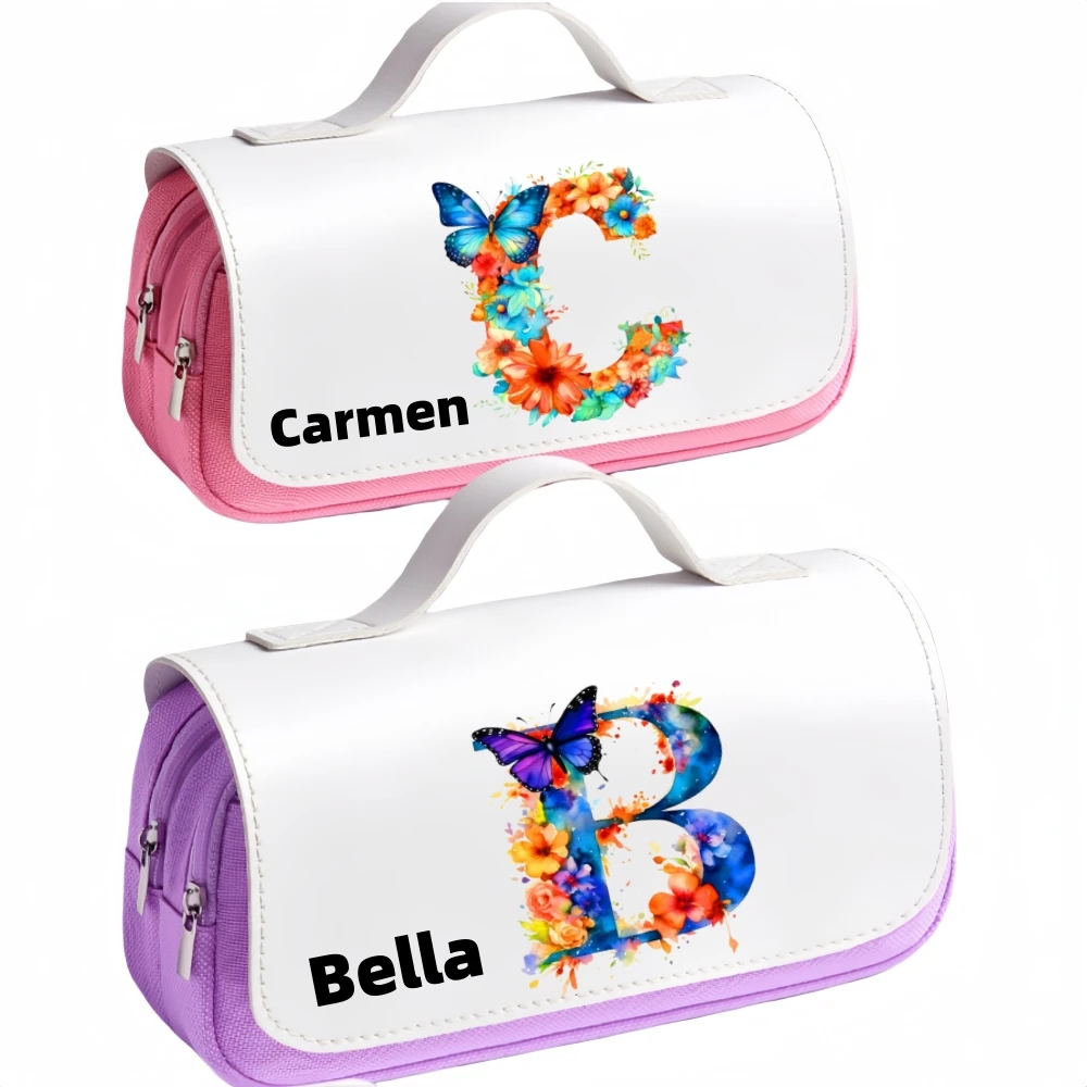 Custom Name Pencil Case with floral & butterfly prints. 3-layer large capacity, ideal for school stationery,holiday gifts.