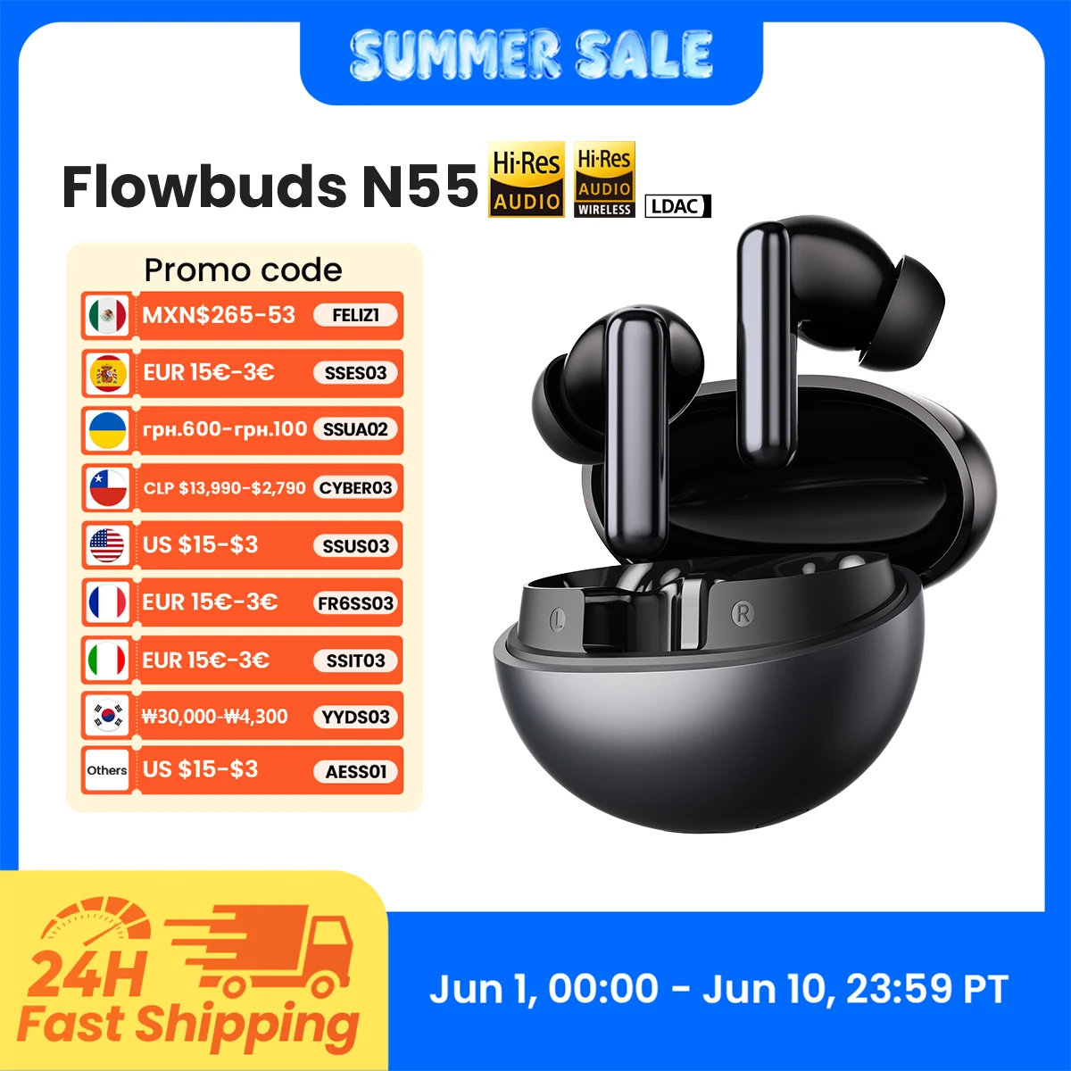 Écouteurs sans fil HAYLOU Flowbuds N55, réduction de bruit adaptative ANC 54 dB, Bluetooth 6.0, audio haute résolution LDAC, appels HD 6 micros, autonomie 40 h, IPX5