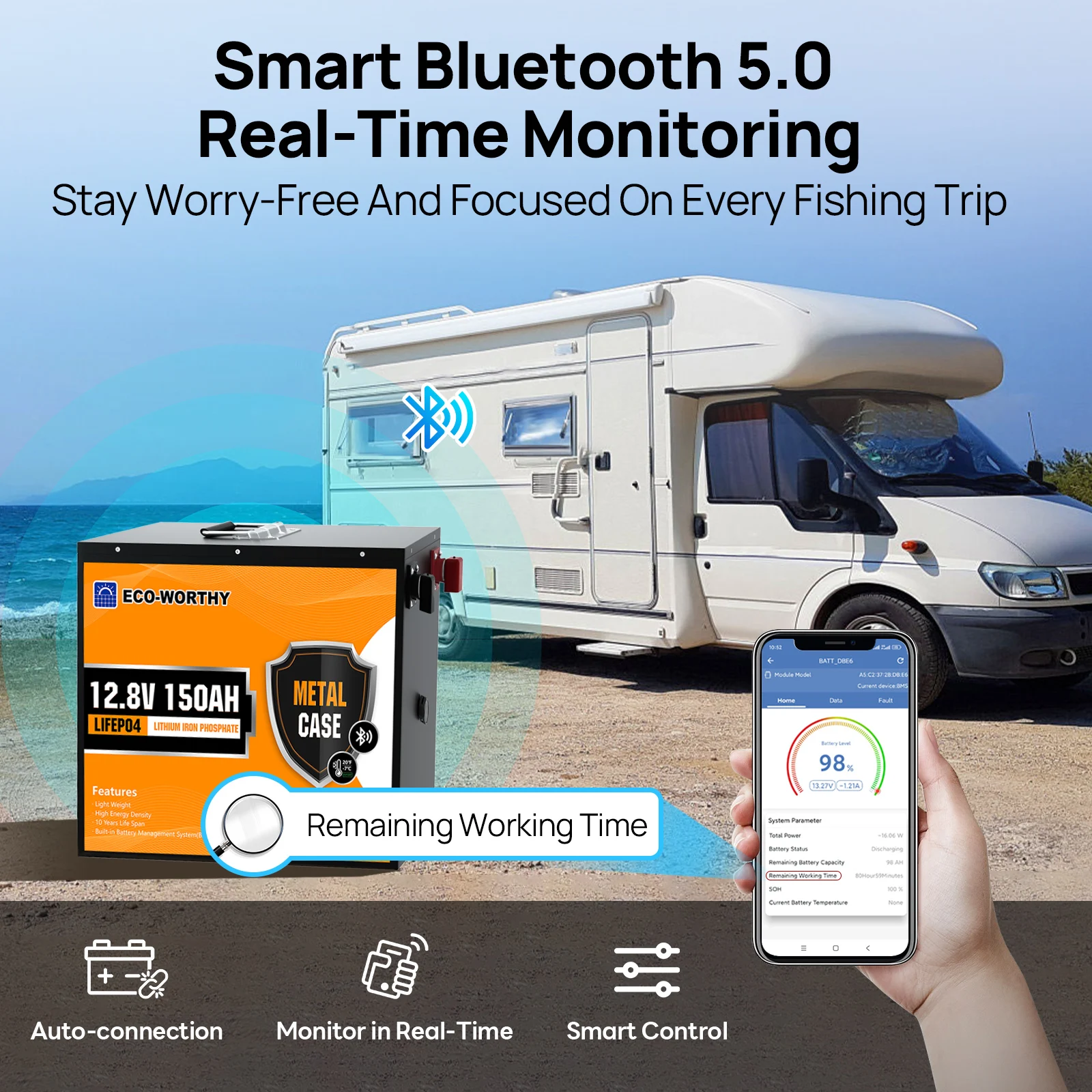 ECO-WORTHY 12V 150AH Bluetooth LiFePO4 Lithium Battery with Low Temperature Protection, Built-in 120A BMS, Perfect for Trolling image 5