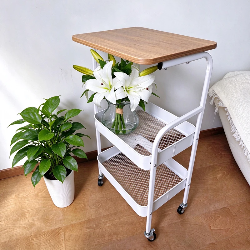 3-Tier Wheeled Rolling Cart with Wooden Table Top & 2 Mesh Storage Trays, Multipurpose Mobile Utility Organizer Trolley with Lockable Swivel Casters, Movable Side End Table for Living Room, Bedroom, Kitchen, Coffee Station, Home & Dorm Storage Solution