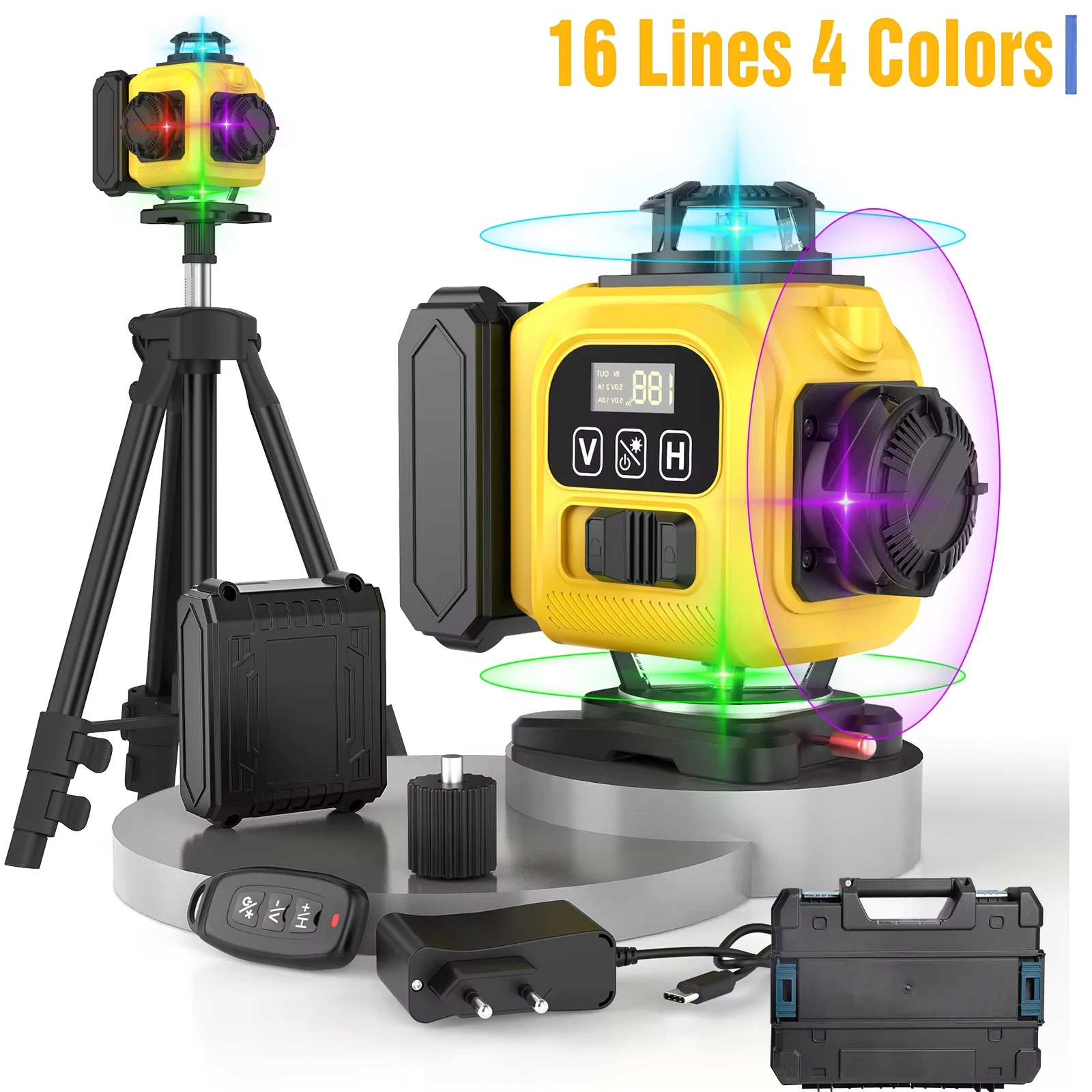New 16 Lines 4D Laser Level Remote Control 4 Colors Beam 360° Horizontal ＆ Vertical Powerful Lines Laser Levels Power Display