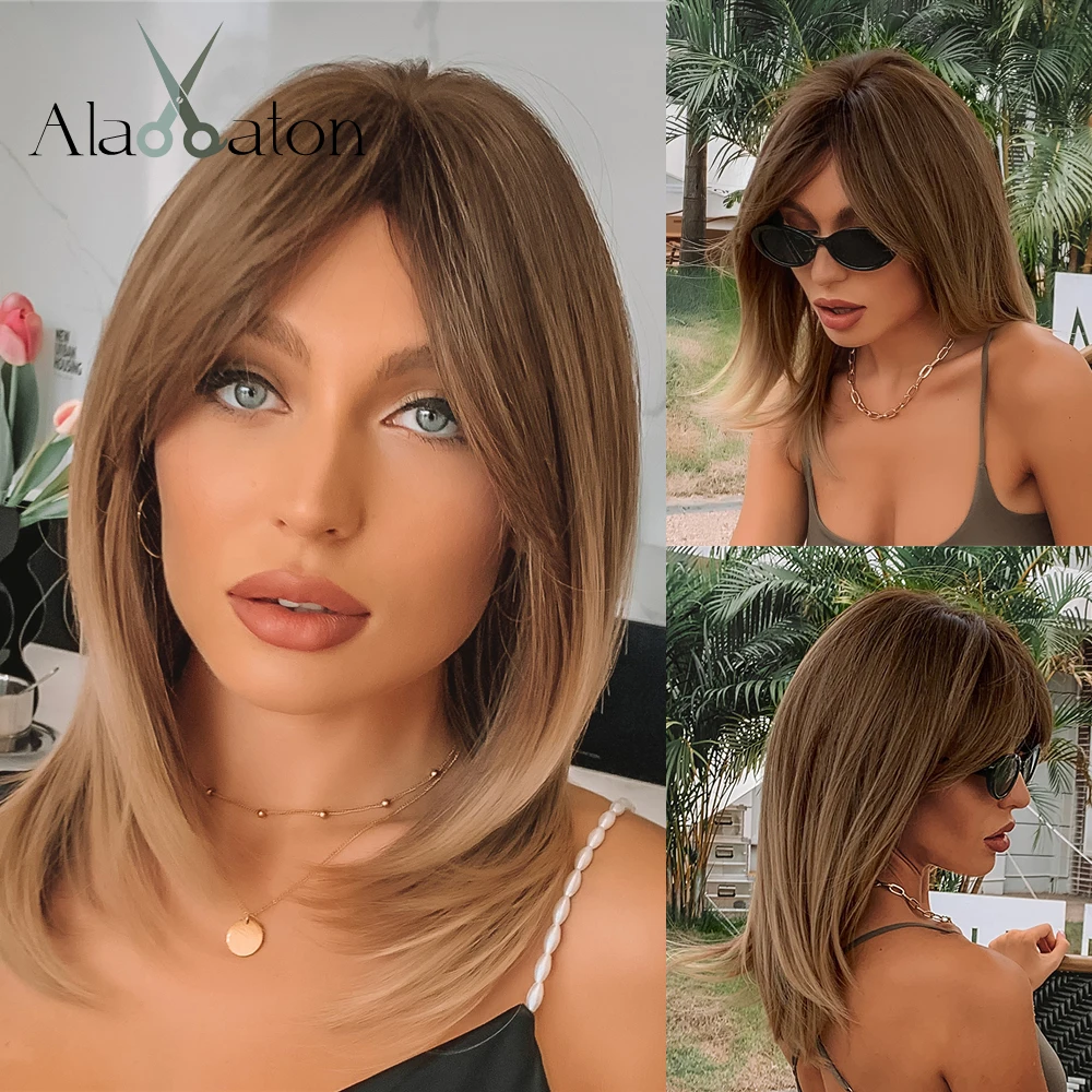 

ALAN EATON Ombre Brown Synthetic Wigs for Women Long Straight Layered Hairstyle Short Wigs with Bangs Daily Heat Resistant Hair