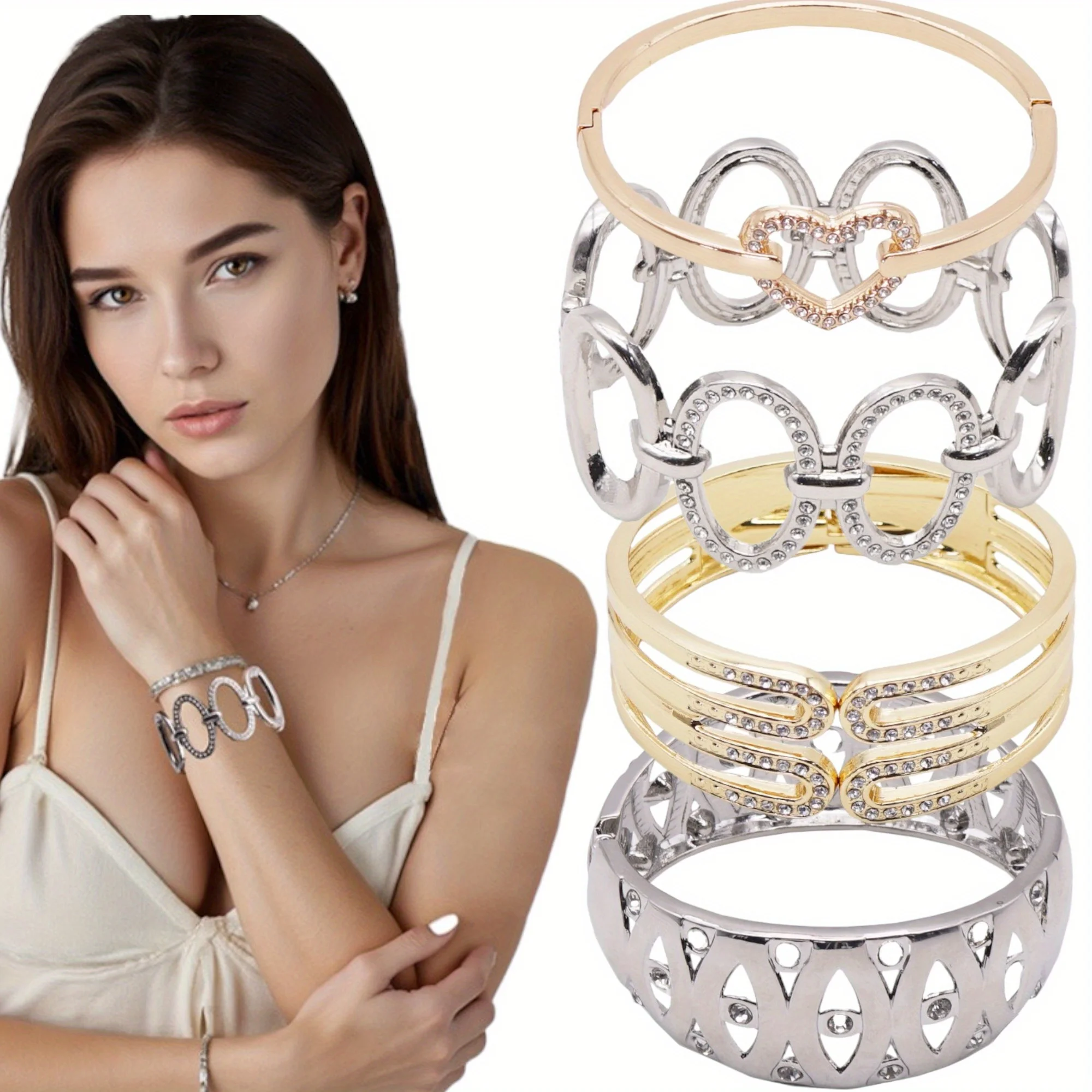 

1 шт. полый стильный браслет из цинкового сплава для женщин - широкий браслет-манжета с блестящими кристаллами, цинковый сплав, Perfec