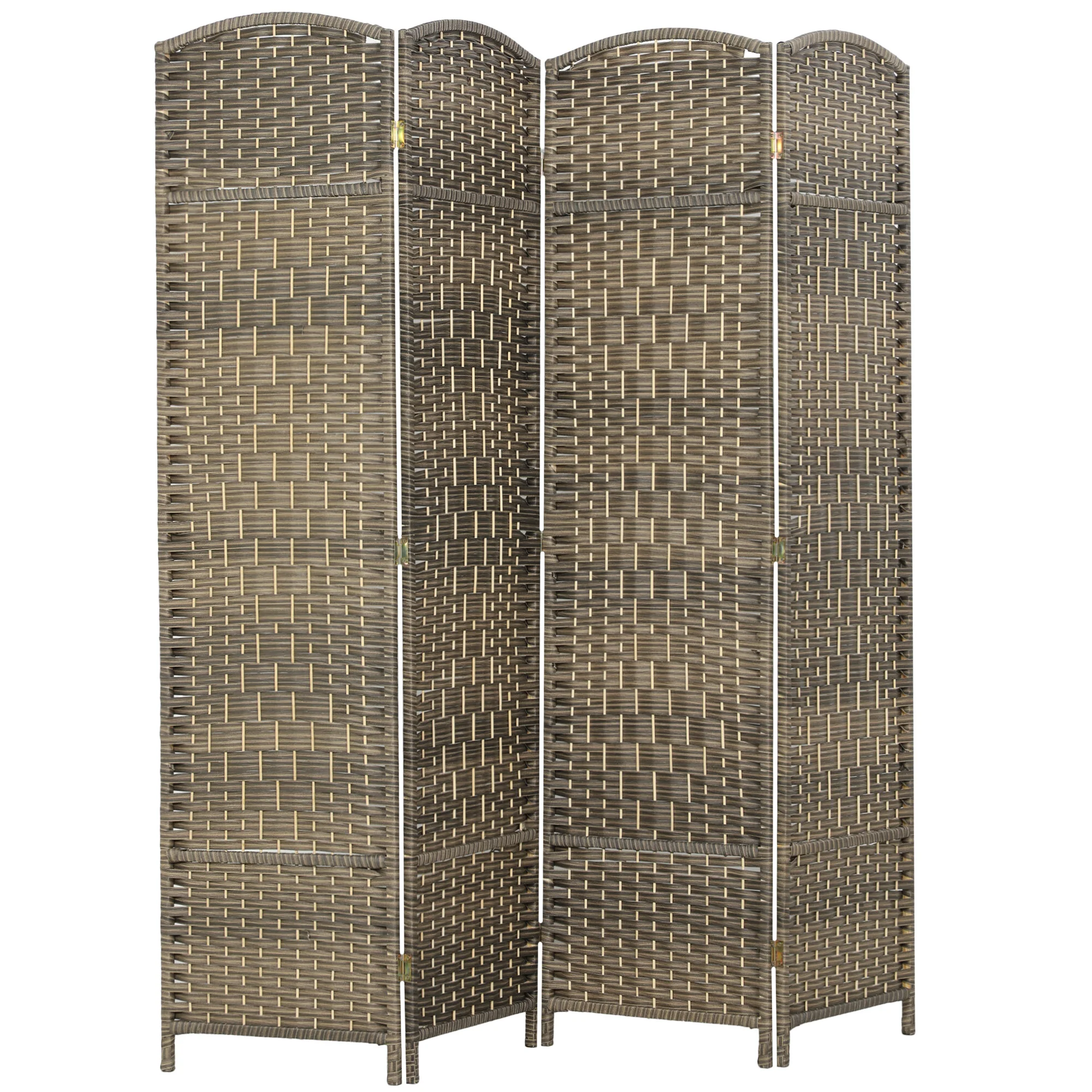 Paravent, cloison pliante en 4 parties, motif tissé, bois de pin, noir délavé