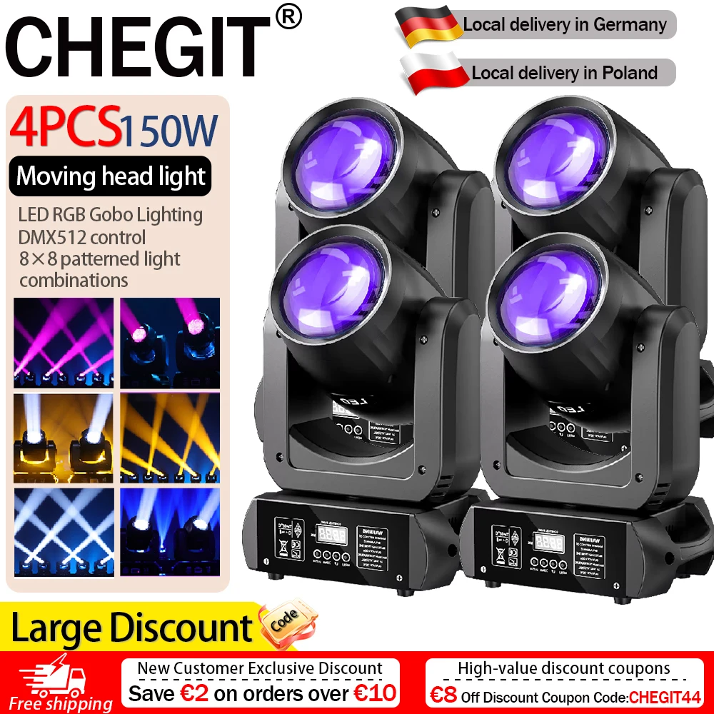 CHEGIT Pack de 4 projecteurs LED mobiles 150W RGB, 12 motifs graphiques, 8 effets d'éclairage, autopropulsés, activés par la voix, contrôle DMX512, pour DJ, mariage, bar, club, discothèque, pub, projecteur de scène, expédiés depuis la Pologne, équipement de décoration pour fêtes intérieures, lampe de performance.
