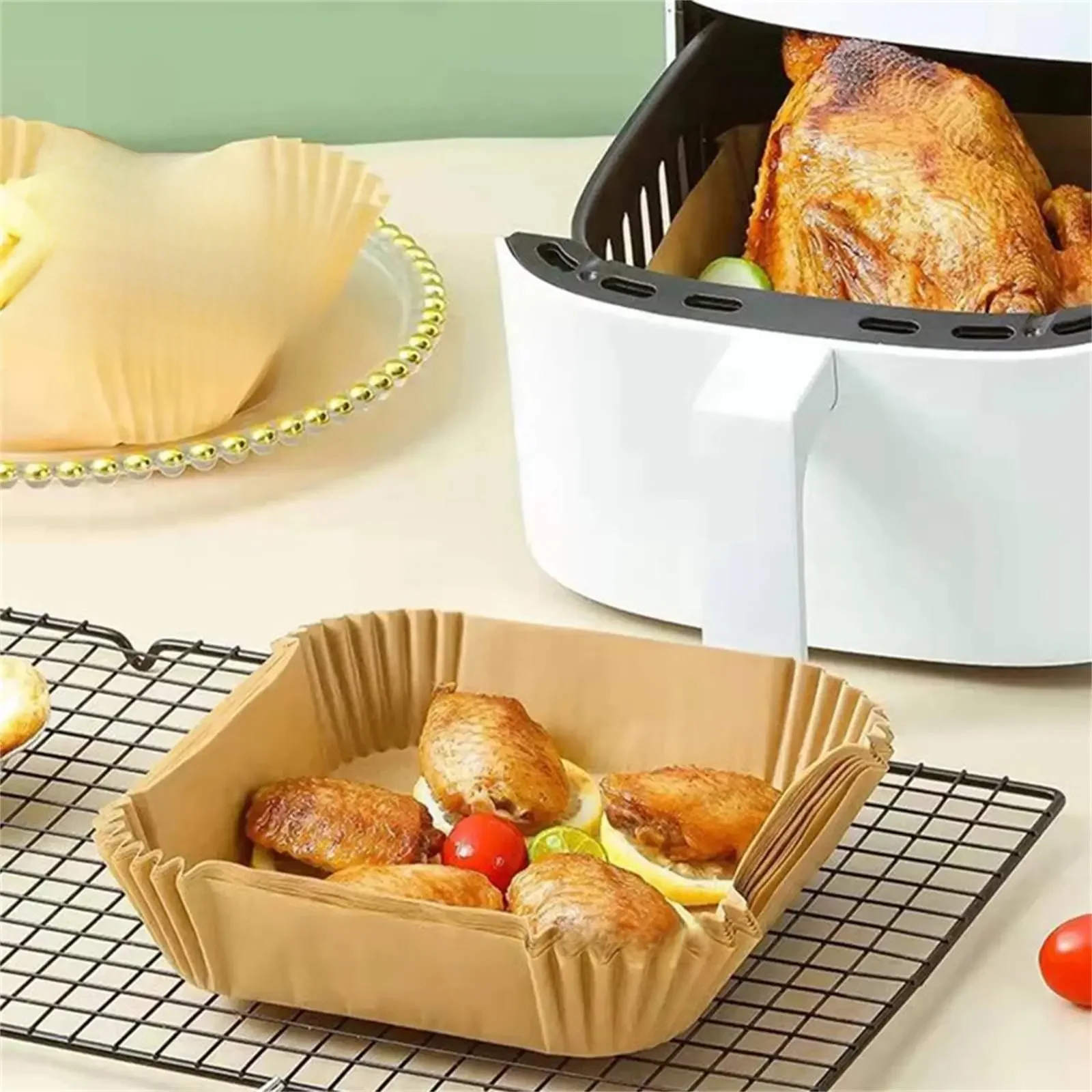 Papier do frytkownicy beztłuszczowej Jednorazowe pojemniki do frytkownicy Papier do pieczenia do frytkownicy Nieprzywierająca jednorazowa papierowa wkładka Płyta do grillowania — zdjęcie 2