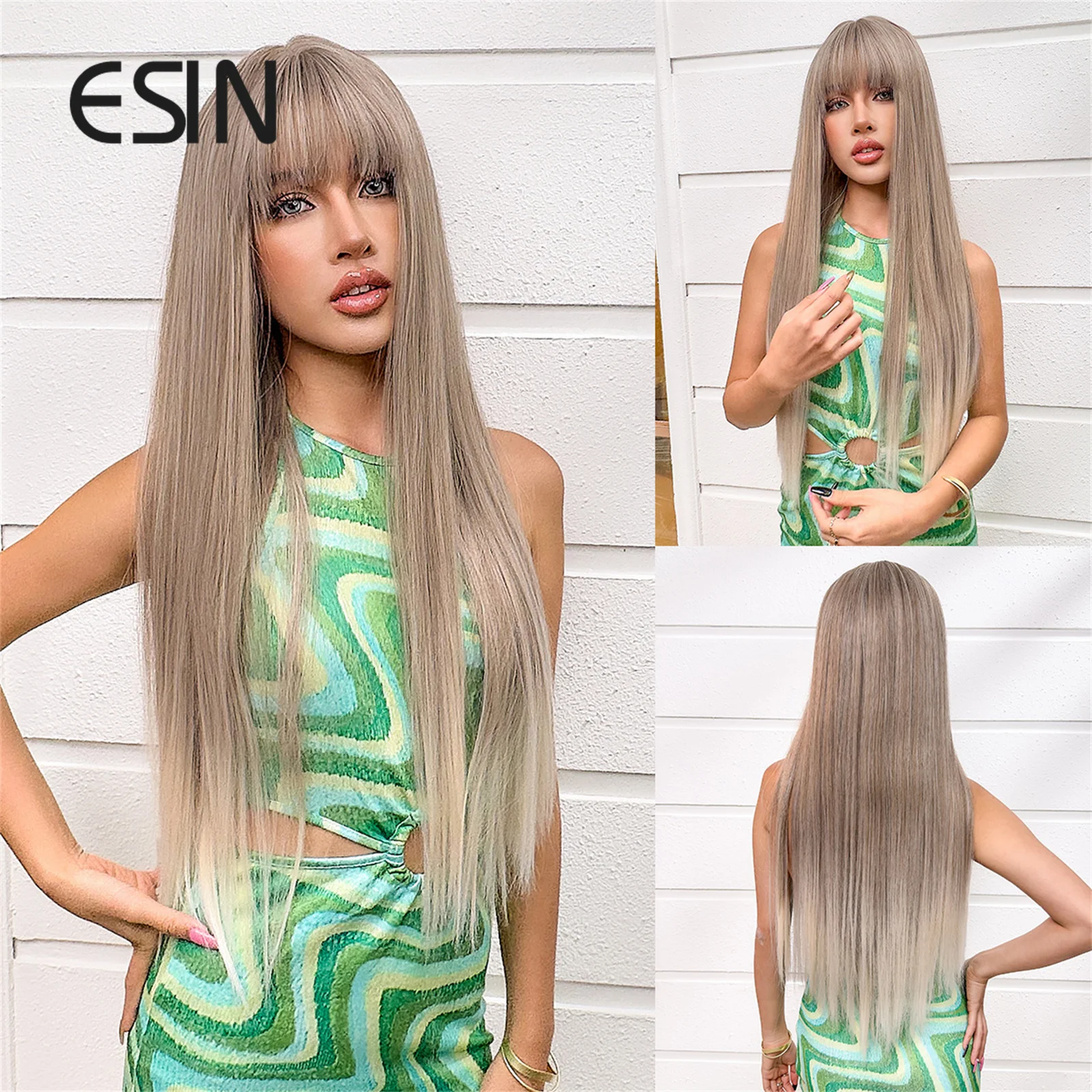 

ESIN Synthetic Wigs Grey Wigs for Women Long Straight Wigs with Bangs Heat Resistant Fiber Daily Cosplay Party Natural looking