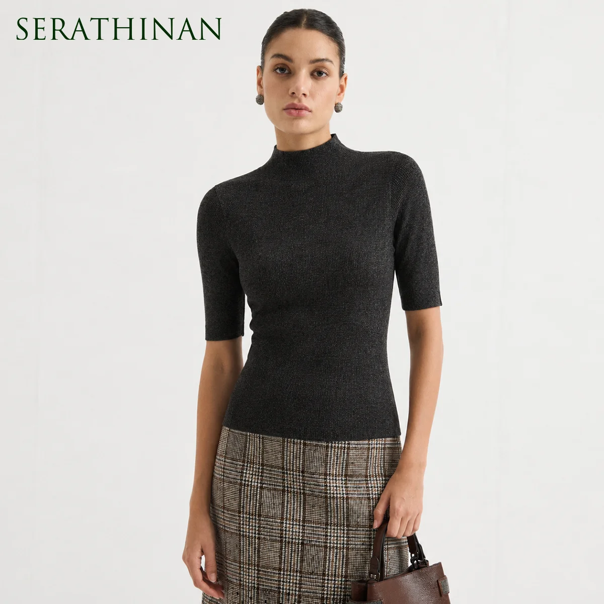 MZ62004 Women's Cashmere Blend Short Sleeve Knit Top Mock Neck Soft Textured Pullover Sweater for Work Daily Wear Fall 2026