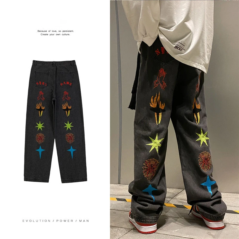 New Unisex Wide-Leg Jeans: Relaxed Straight-Leg Luxury Denim with Cross-Stitch Embroidery – Hip-Hop Style for Women