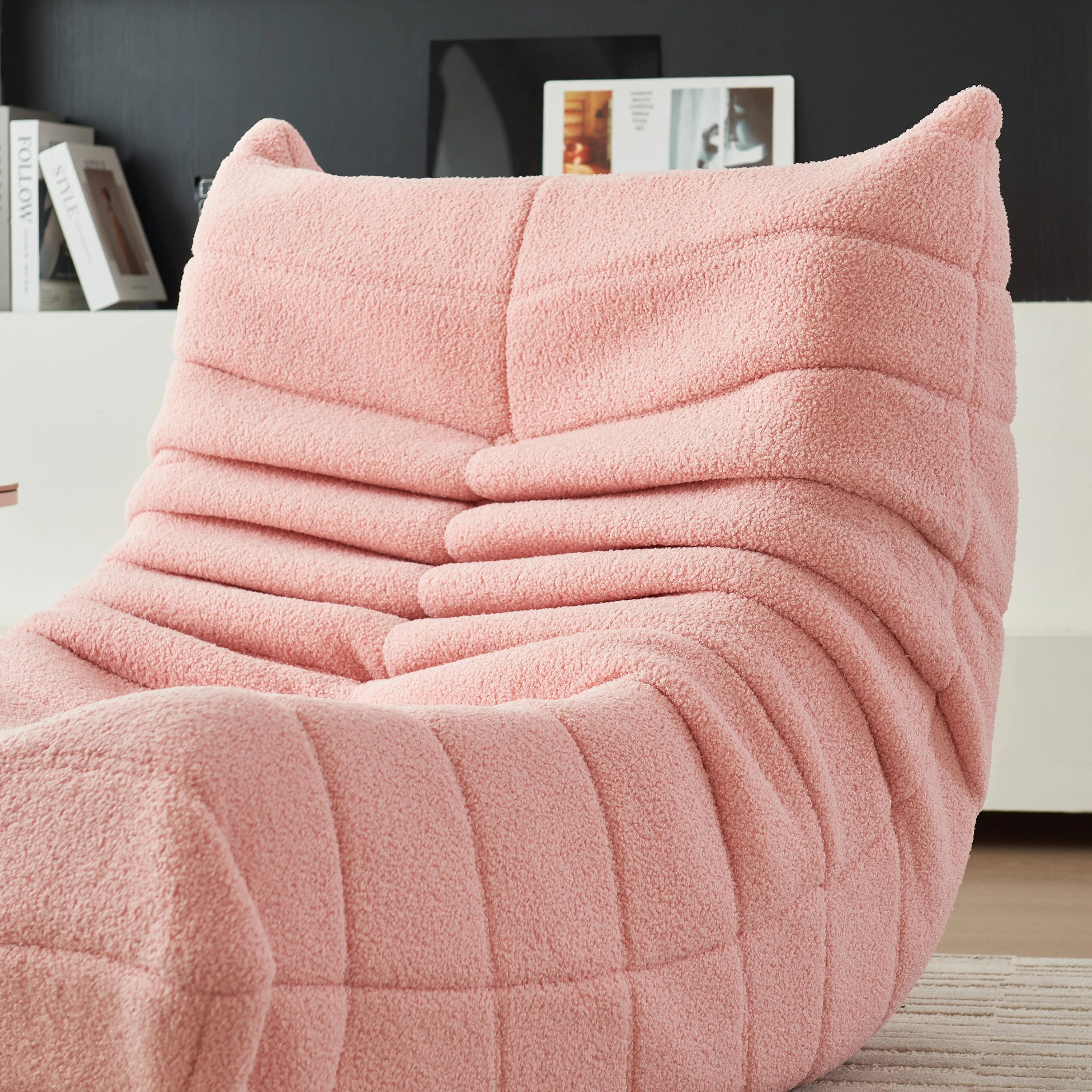 Poltrona da salotto con schienale, pouf in pile di lana di agnello, poltrona da lettura per soggiorno e camera da letto, comoda poltrona per rilassarsi, colore rosa.