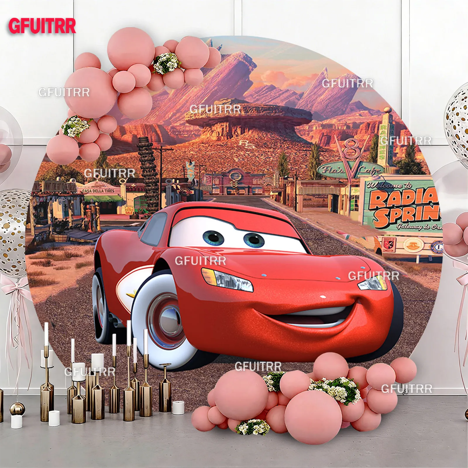 

Pixar Cars McQueen Round Backdrop Decoration Boys Birthday Party Background Baby Shower Photo Circle Covers Elastic Polyester