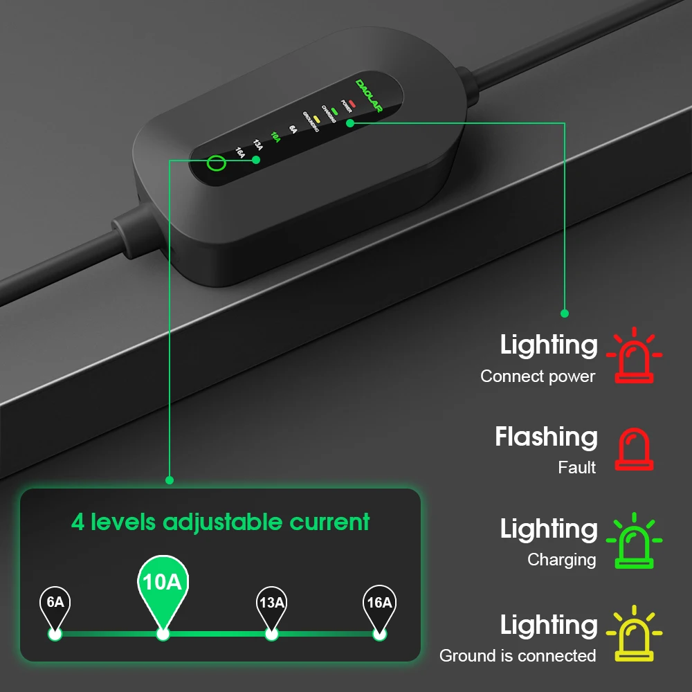 Daolar Type 2 EV Charging Cable 3.5KW 16A with Schuko 2-Pin plug, Portable Electric Car charger for EVs and PHEVs