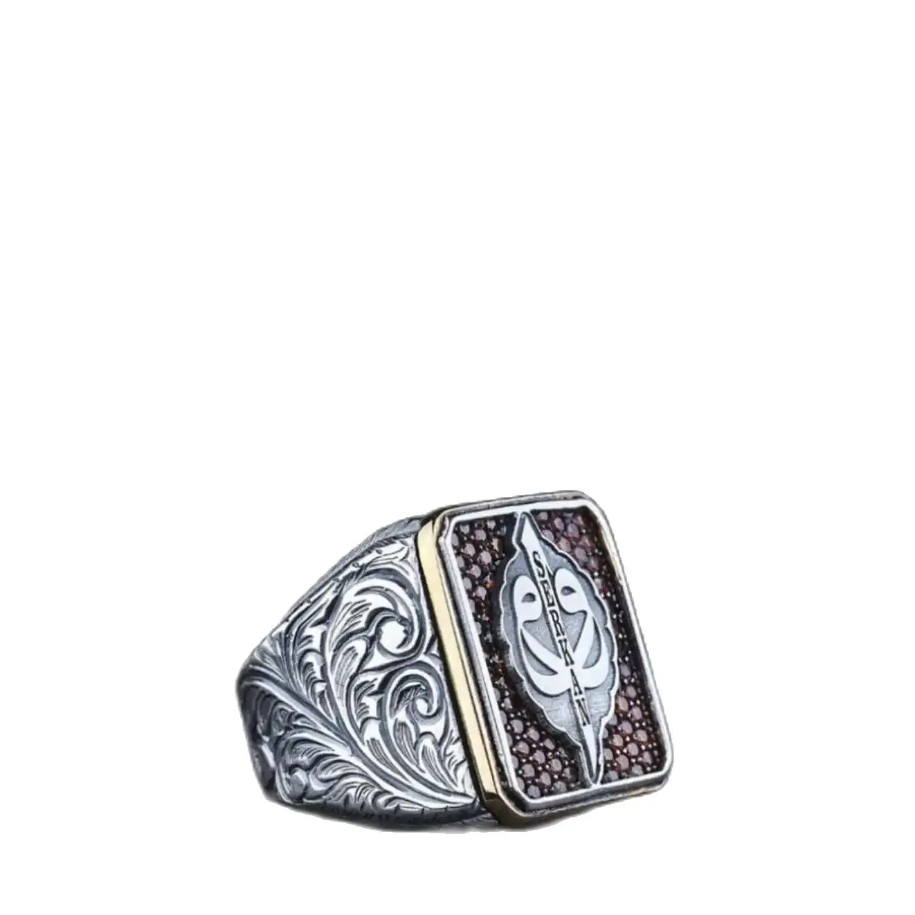 Vav Elif Silver Men's Ring, Personalized Named Silver Ring Decorated with Engraving Patterned Red Zircon Stones