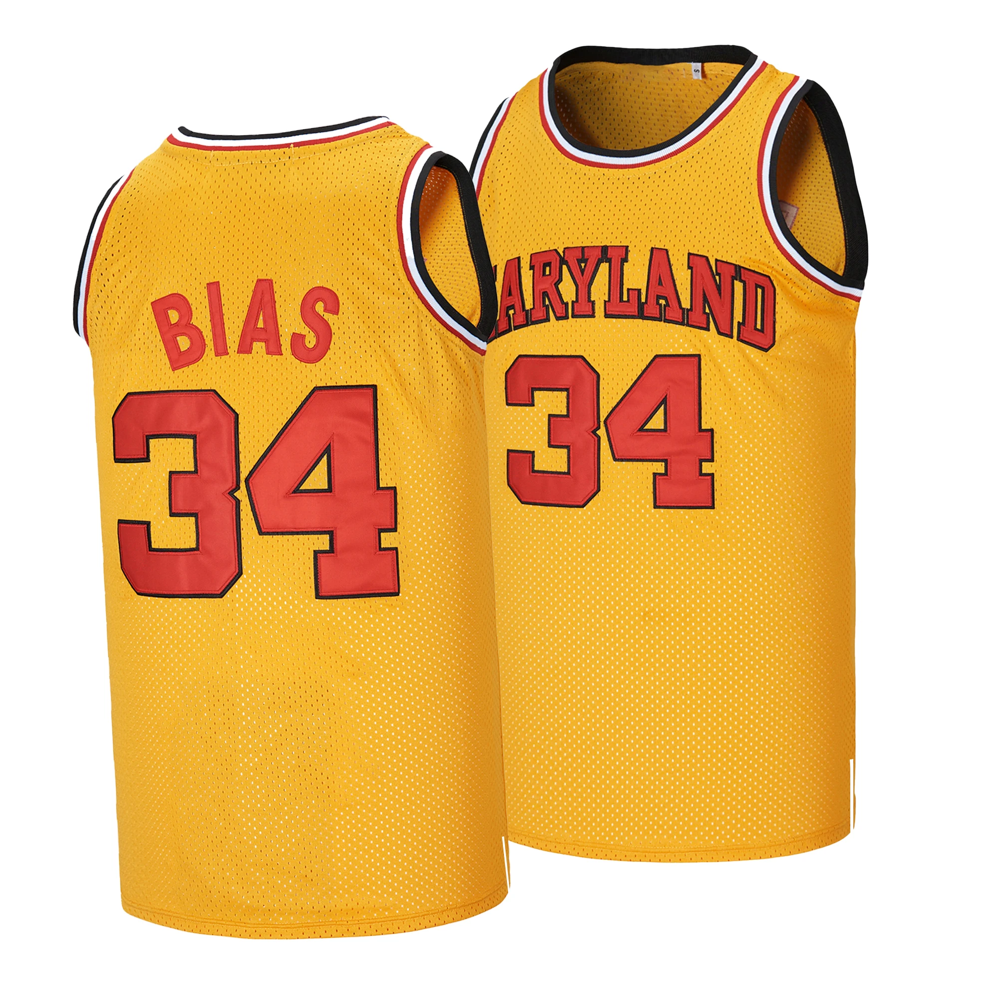 Men's #34 Yellow LEN BIAS MARYLAND Retro Basketball Jersey, Exquisite Embroidered Training Match Vest Fan Commemorative Gift