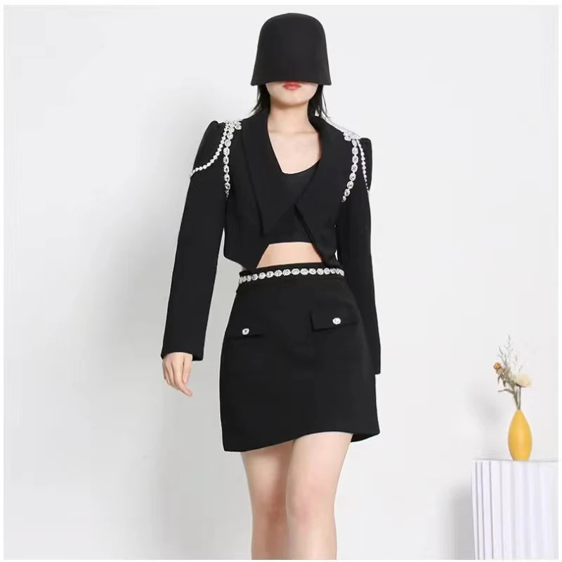 High Quality Blazer 2022 For Women Suit Skirt Set Elegant Diamonds Party Club Summer New Fashion