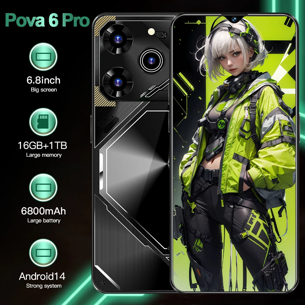 Original POVA 6 Pro mobile phones cellphones Global Version 7.3inch smartphone android Celular 16G+1T Dual SIM Card 72MP+108MP