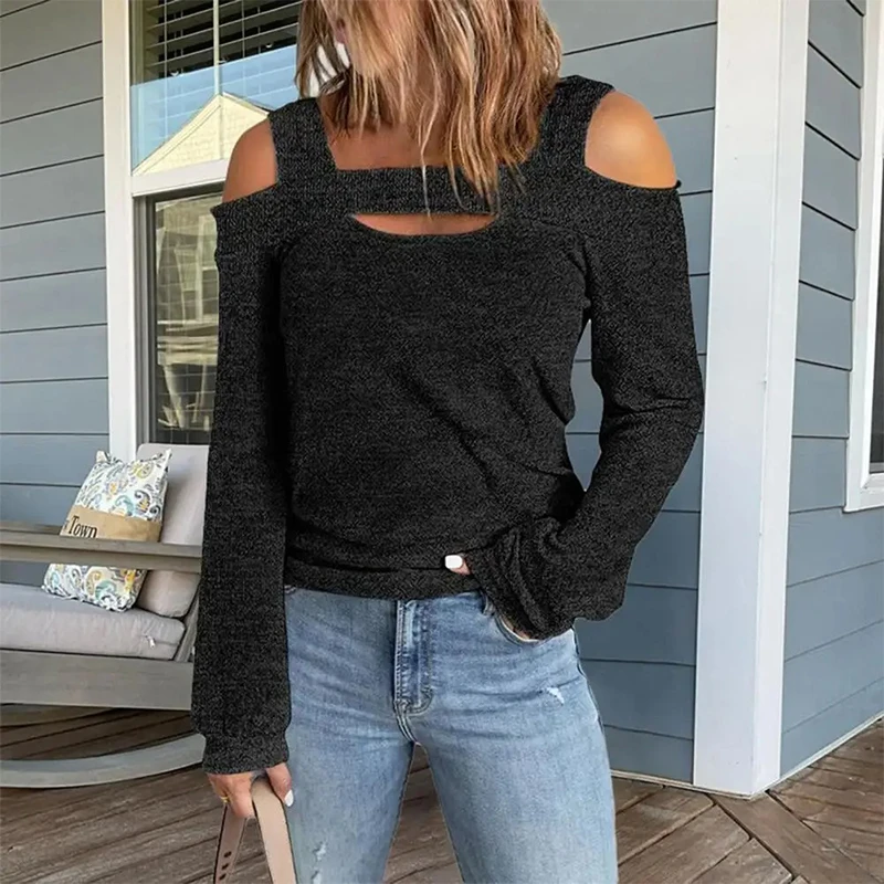 Solid Color Fashion Casual Off Shoulder Women Black T-Shirt Long Sleeve Patchwork Square Collar Loose T-shirt Autumn Female Tops