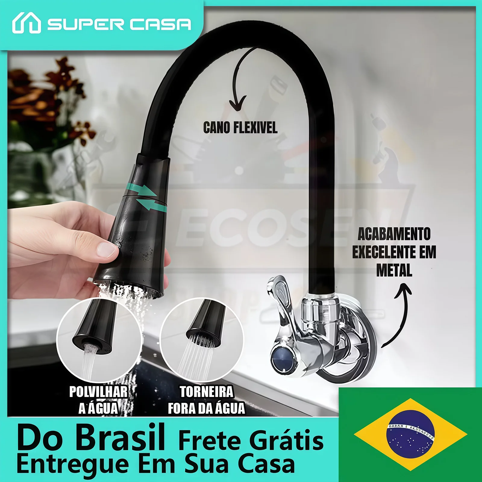 Torneira de Cozinha Flexível Preta 1/4 360° - 1 Unidade, 2 Modos de Água (Jato e Chuveiro) - Envio de São Paulo em até 12h úteis