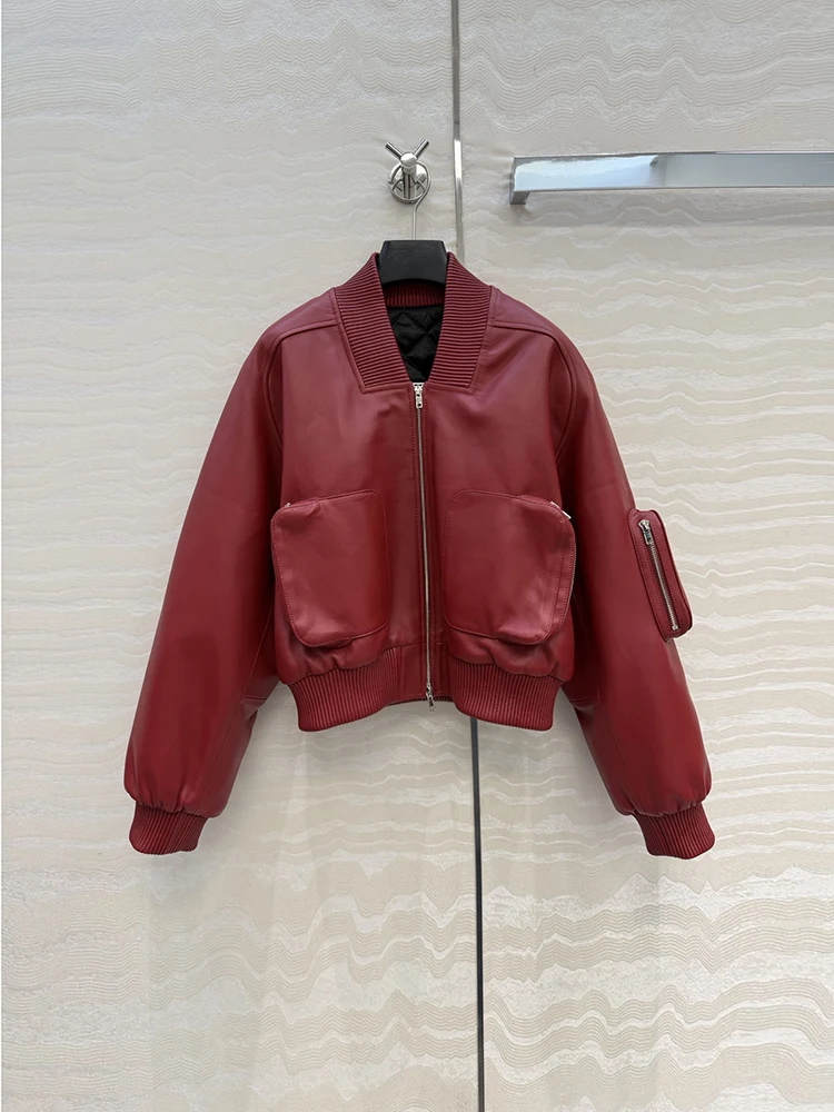 

Spring Autumn Fashion Red Vintage Sheepskin Short Style Leather Coat Women's V-Neck Long Sleeve Multi Pocket Short Style Jacket