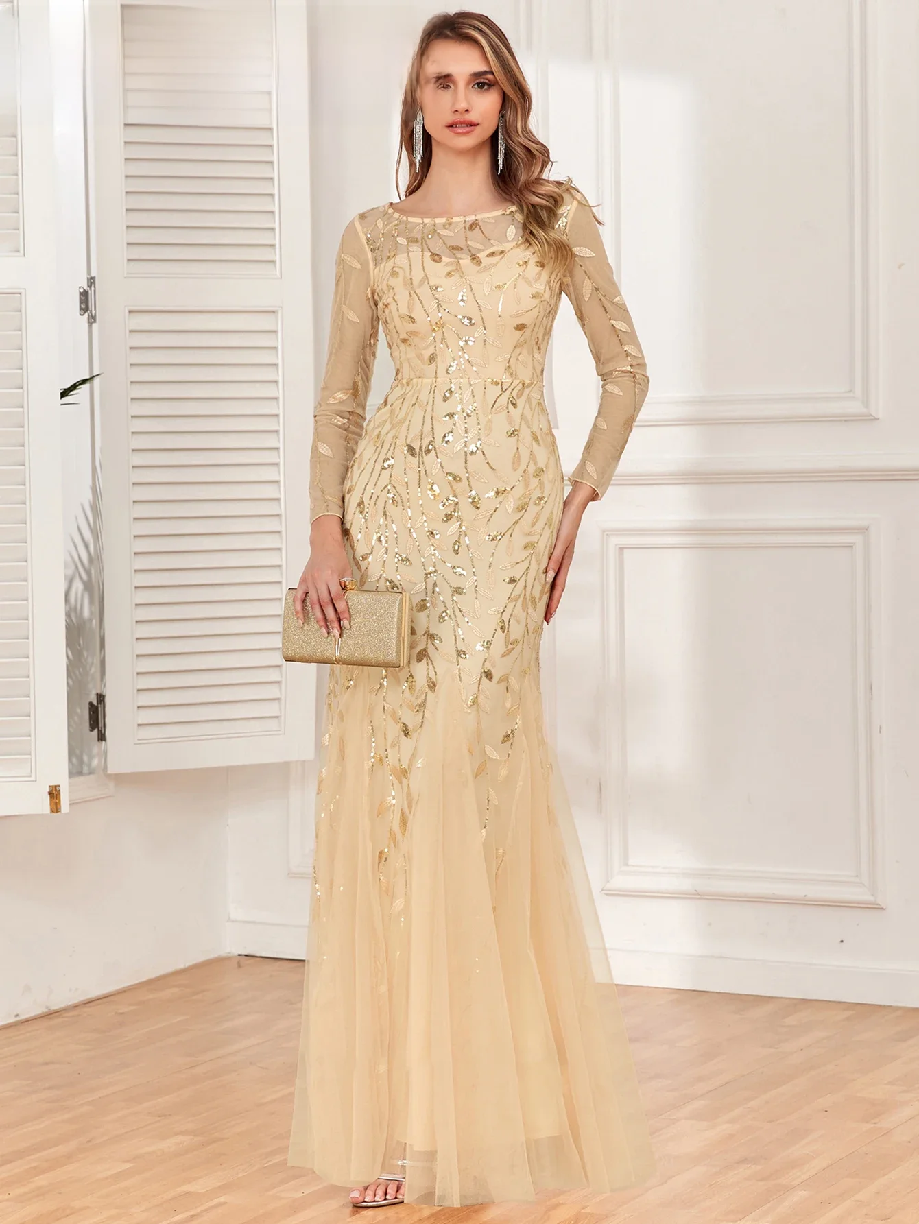 Sexy Vintage Maxi Sequin Cocktail Jurk Bruidsmeisje Prom Jurken Voor Vrouwen Casual Party Lange Mouwen Club Bodycon Jurk Vestidos - afbeelding 2