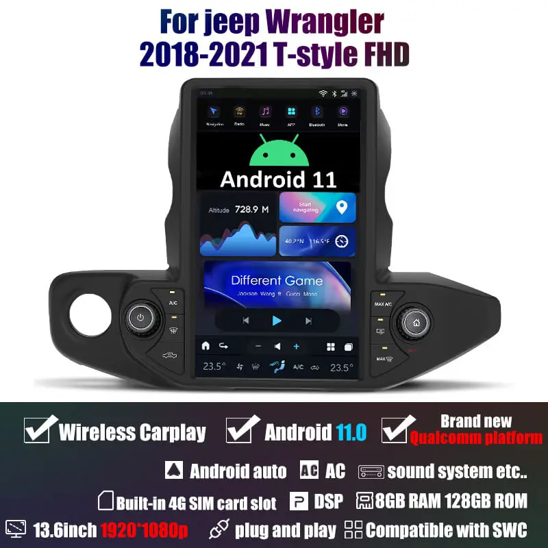 AuCar Tesla Style 13.6 Inch Car Radio Android 11 Head Unit GPS Navi For Jeep Wrangler/Gladiator 2018-2021 DVD Stereo Player