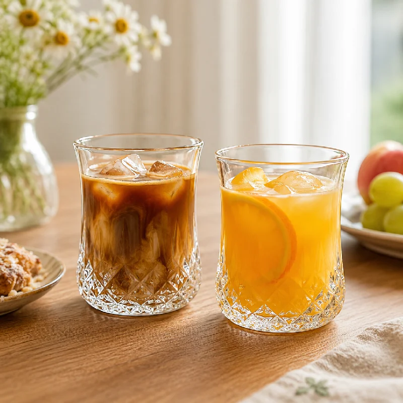 2PCS 210ml Diamond Cut Glass Cups Lead-Free Crystal Drinking Tumbler Multipurpose Coffee Tea Juice Milk Cup Dishwasher Safe Home