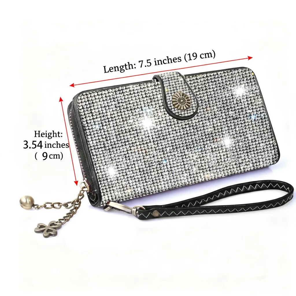 Bling Rhinestone Womens Wallet Artificial Diamond Wristlet Clutch Purse Credit Card Holder Large Capacity