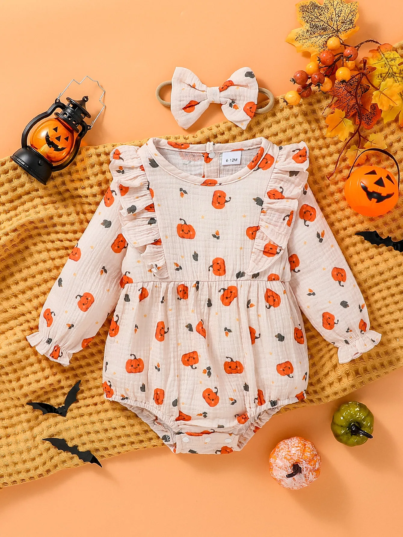 Hallowmas Newborn Baby Girl Fall Clothes Ruffle Long Sleeve Bubble Romper Bow Headband Cute