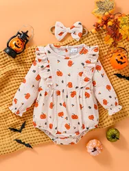 Hallowmas Newborn Baby Girl Fall Clothes Ruffle Long Sleeve Bubble Romper Bow Headband Cute