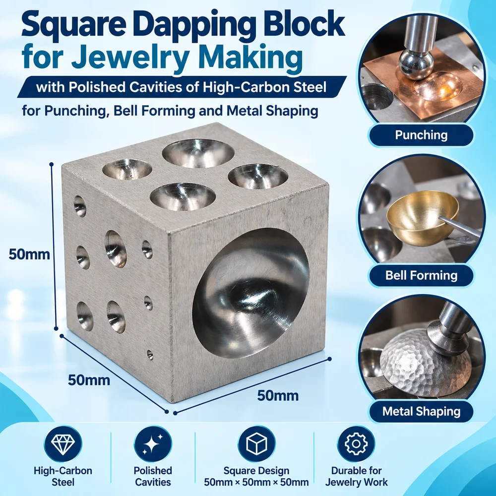 Square Dapping Block for Jewelry Making with Polished Cavities of High-Carbon Steel for Punching, Bell Forming and Metal Shaping