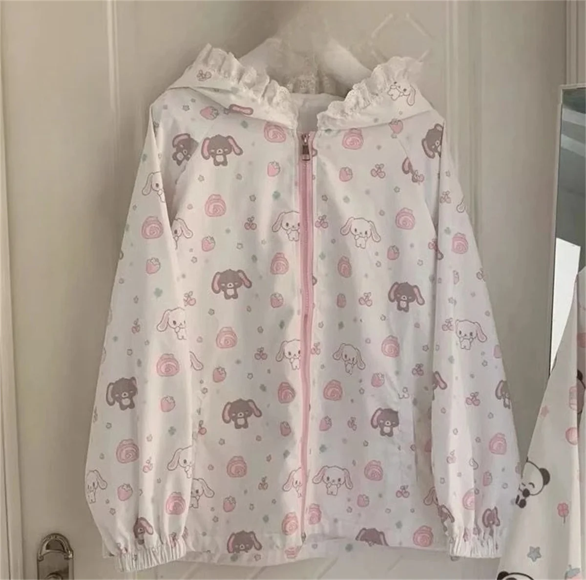 Japanese Kawaii Cartoon Print Jackets Loose Y2k Casual Sun Protection Women's Tops Lace Patchwork Preppy Grunge Hooded Coats