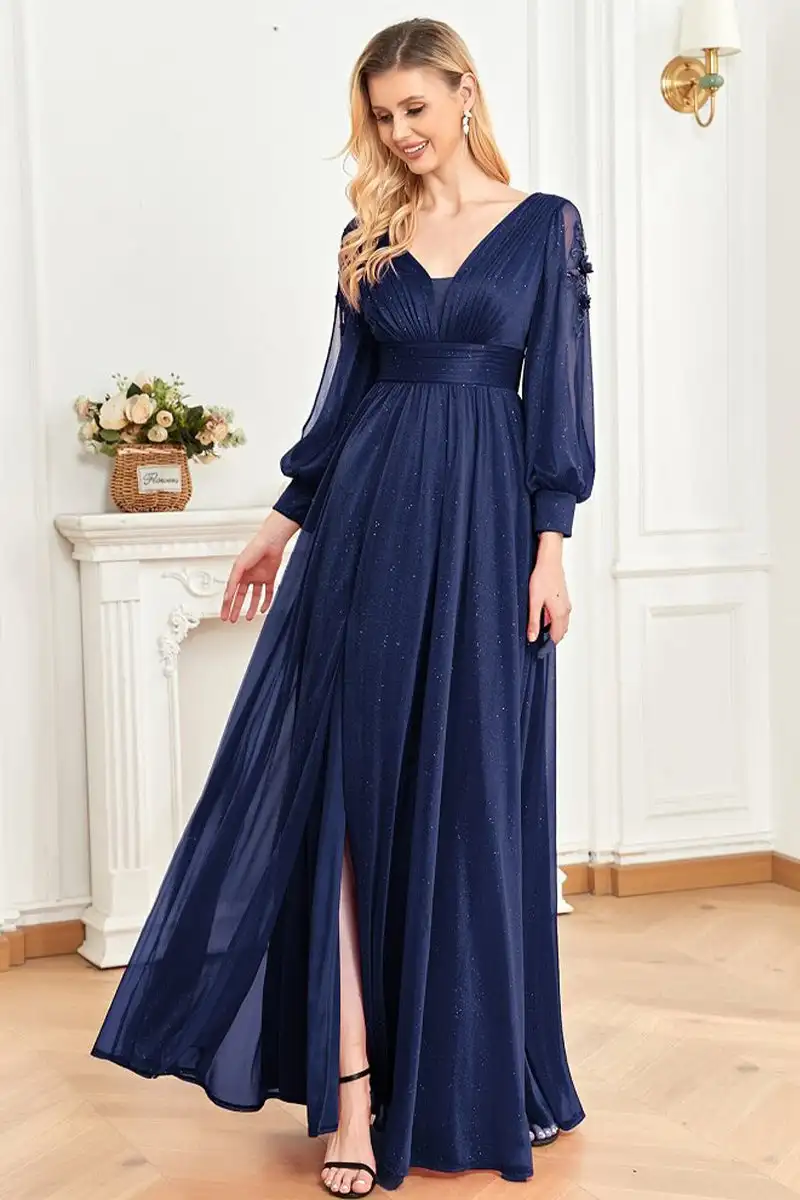 2024 Hot Elegant Applique Blue V-Neck Evening Dress Luxury Long Sleeve Split Front Chiffon Wedding Party Prom Cocktail Dress