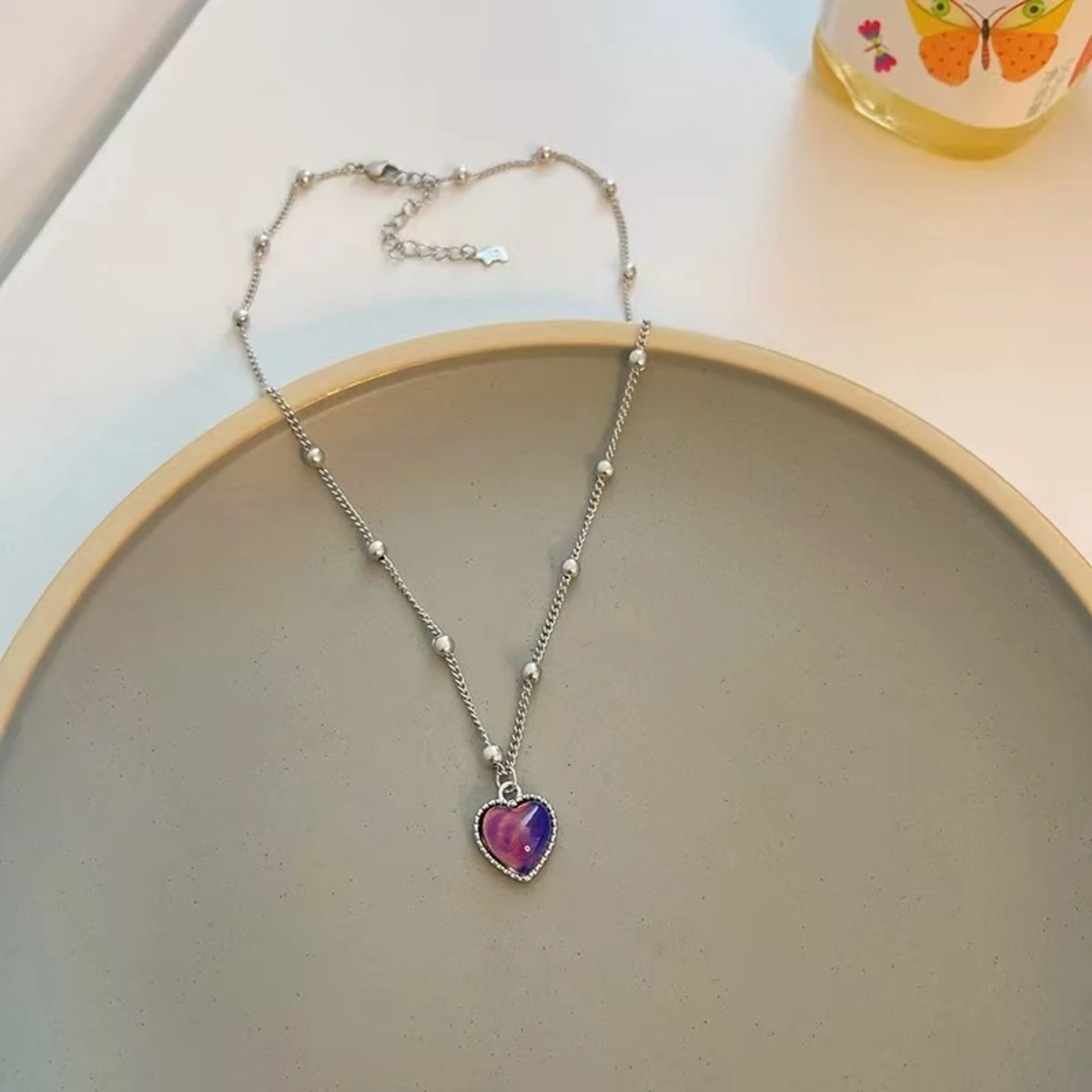 Changing Color Heart Pendant Necklace For Women Simple Design Temperature Sensitive Stone Peach Choker Party Jewelry image 4